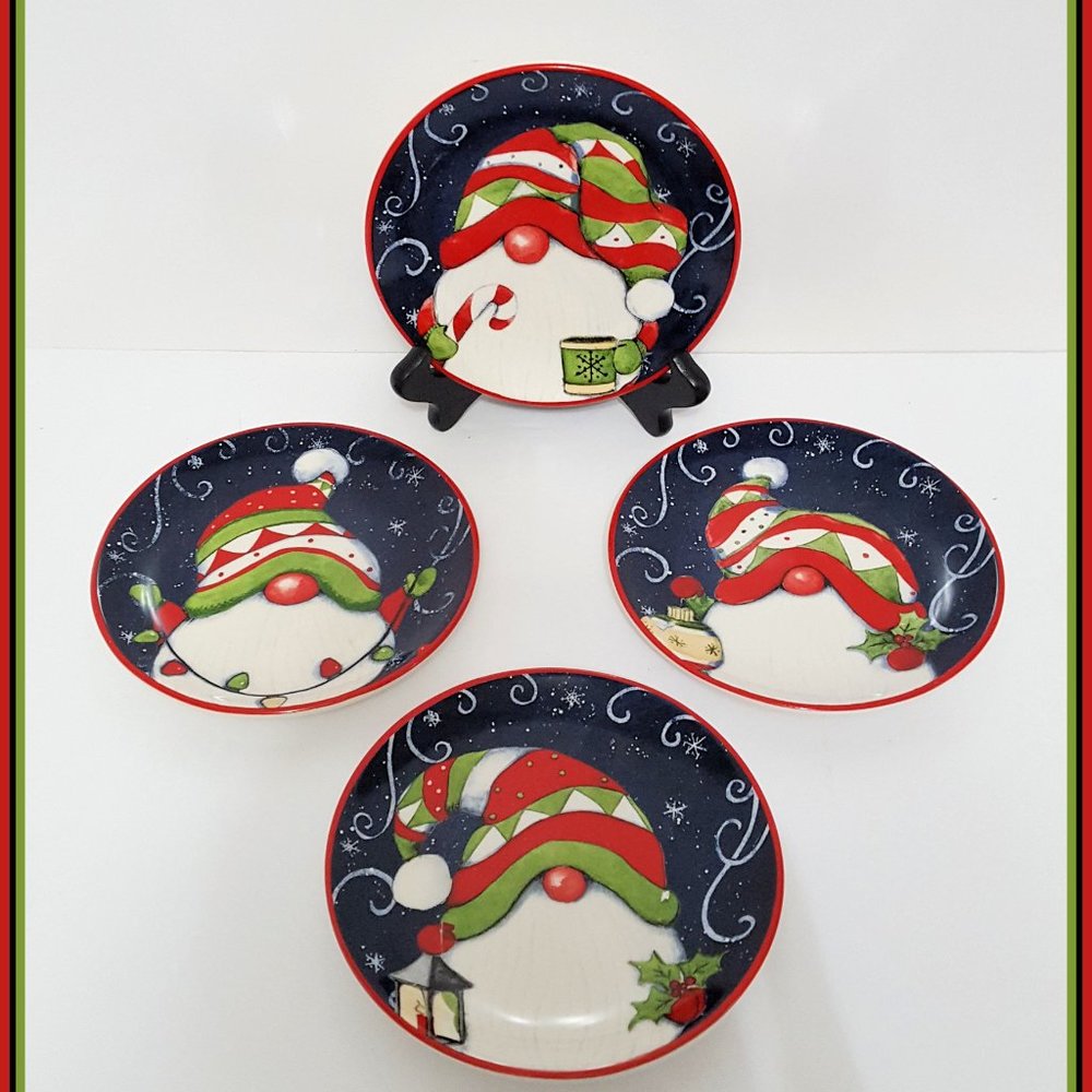 NEW Certified International Set of 4 Holiday Magic Gnomes Appetizer Plates 6"